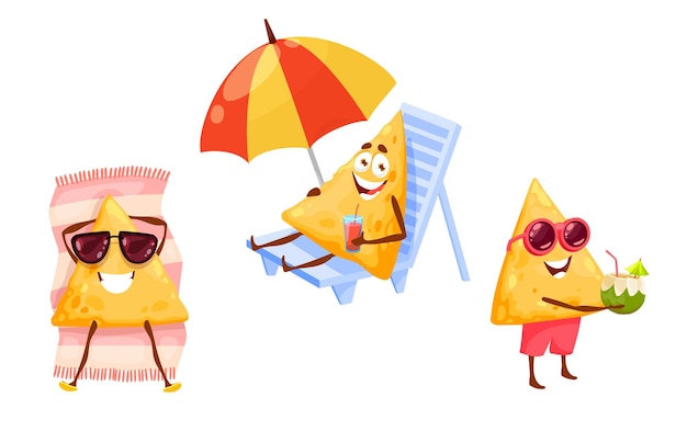 Patatine messicane dei nachos sul tempo libero della spiaggia di estate. personaggi dei cartoni animati di tex mex felici di vettore in occhiali da sole che si abbronzano sulla chaise longue, bevendo cocktail. divertimento in vacanza, relax e attività ricreative all'aperto