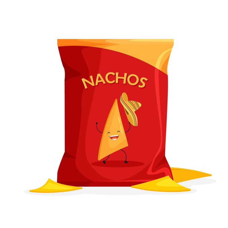 Mexican nachos package design. Hot chips packaging template. Foil bag isolated on white background.