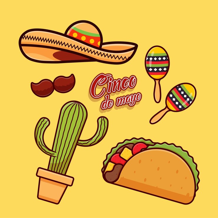 Mexican national symbols culture musical instruments souvenirs taco and hat colorful illustration