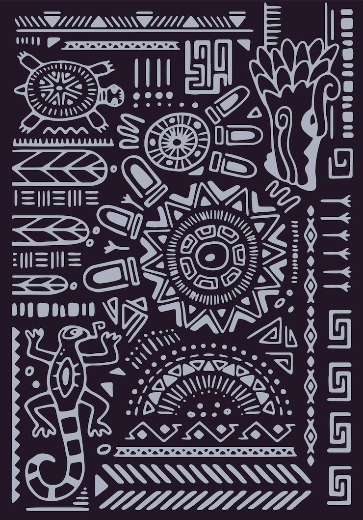 Vector mexican ornamental wall art interior decoration in ancient style ornament with aztec symbols ethnic elements abstract tribal pattern african print on poster background flat vector illustration