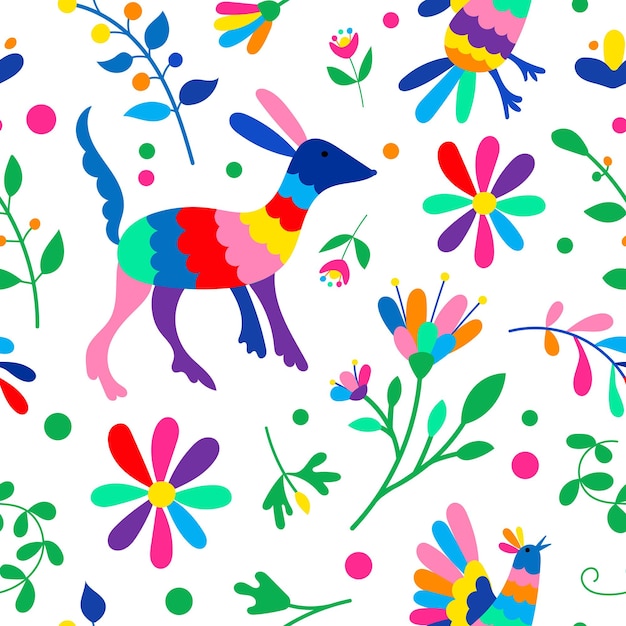 Vector mexican otomi embrodery seamless pattern colorful mexican traditional textile embroidery style