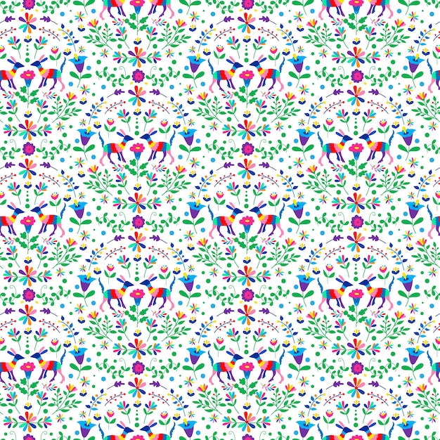 Vector mexican otomi embrodery seamless pattern colorful mexican traditional textile embroidery style