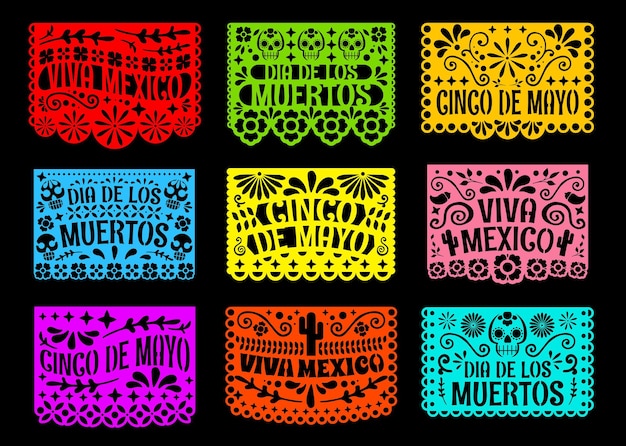 Vector mexican paper cut flags dia de los muertos dead day cinco de mayo holidays papel picado pattern vector traditional laser cutting decoration with floral pattern skulls cacti viva mexico cards