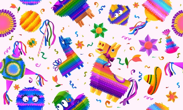 스페인 파티 장식 직물 포장지 벽지 디자인 매끄러운 질감을 위한 밝은 색종이 인사말 배경이 있는 멕시코 피나타 패턴 생일 당나귀 장난감