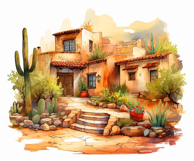 Vector mexican pueblo watercolor paint ilustration