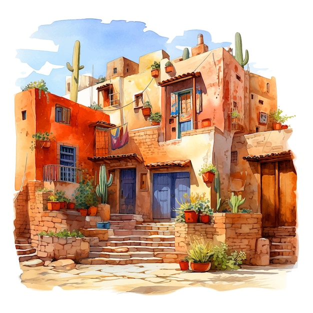 Vector mexican pueblo watercolor paint ilustration