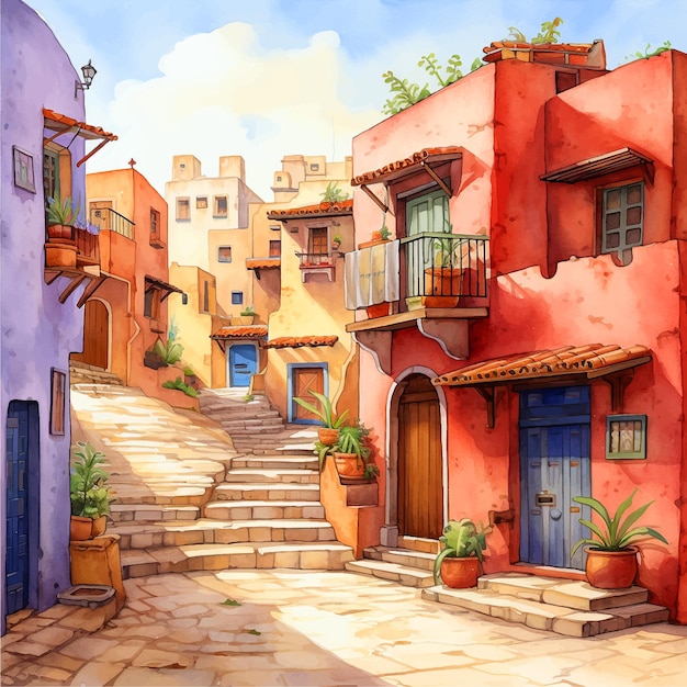 Mexican pueblo watercolor paint ilustration