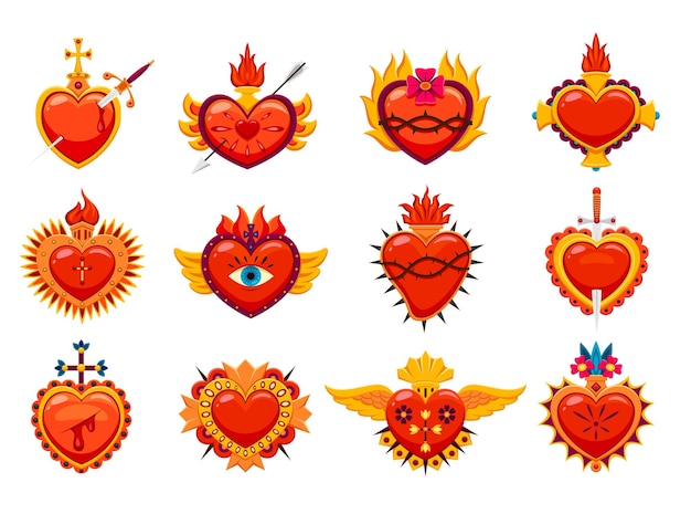 Mexican sacred hearts isolated cartoon vector set