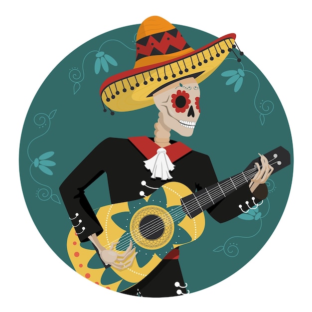 民族衣装を着たギターとソンブレロを持ったミュージシャンのメキシコの骸骨。