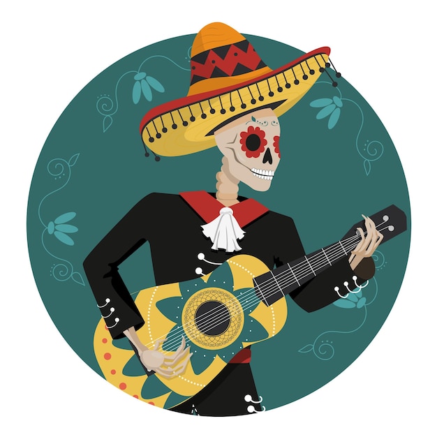 A Mexican skeleton of a musician with a guitar in a national costume and a sombrero.