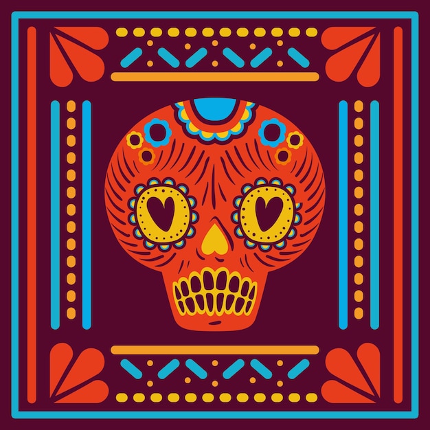 Mexican skull in frame on purple background design.