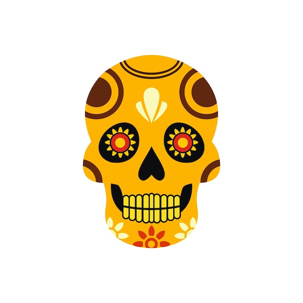 Мексиканская икона черепа в плоском стиле выделена на белом фоне