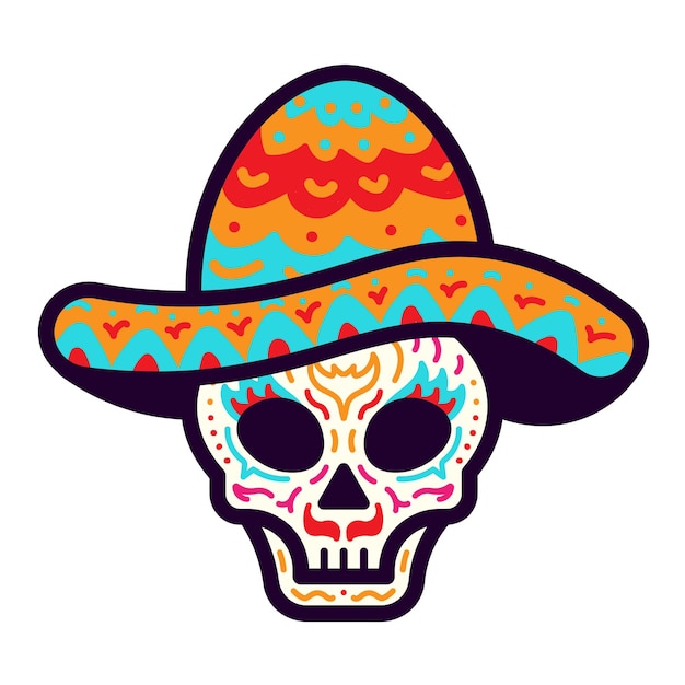 Mexican Skull Wearing Sombrero Hat Vector Illustration