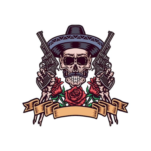 Vector mexican skull with guns, hand drawn line with digital color