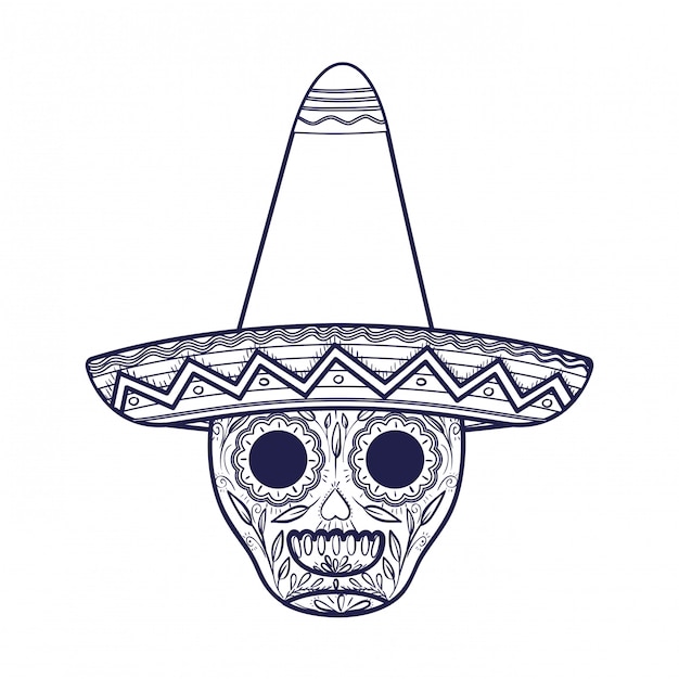 Mexican skull with hat isolated icon