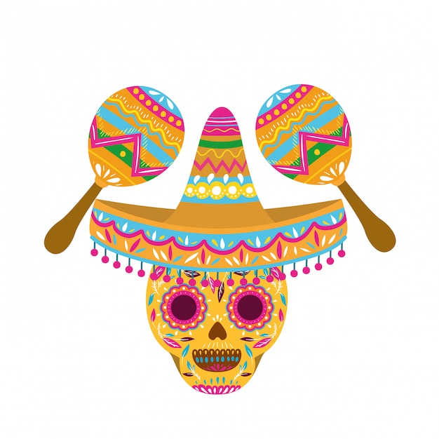 Mexican skull with maraca isolated icon