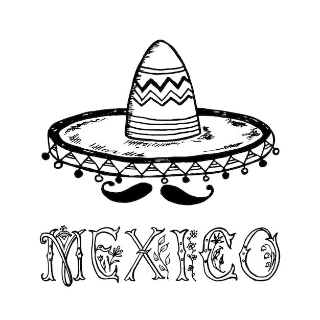 Mexican Sombrero hat Traditional national headdress in vintage style Engraved hand drawn old vector sketch