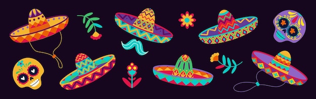 Vector mexican sombrero hats with color ethnic pattern vector mexico holiday and fiesta party object