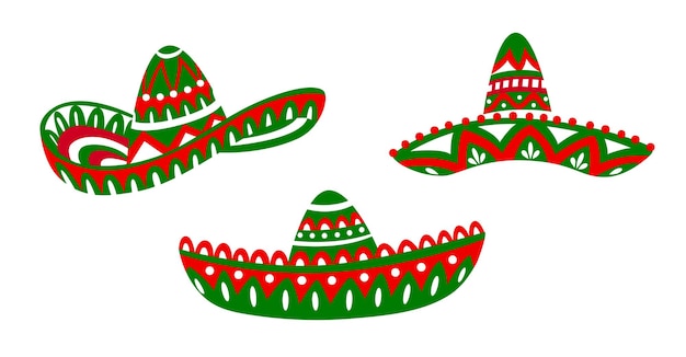 Vector mexican sombrero hats with latin ethnic ornament for holiday fiesta vector icons mexican culture tradition and art symbols of sombrero hats for latin fiesta party carnival or holiday festival