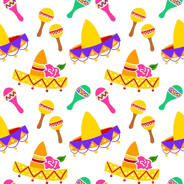 Mexican Sombrero Seamless Pattern. Vector Illustration of Holiday Background.