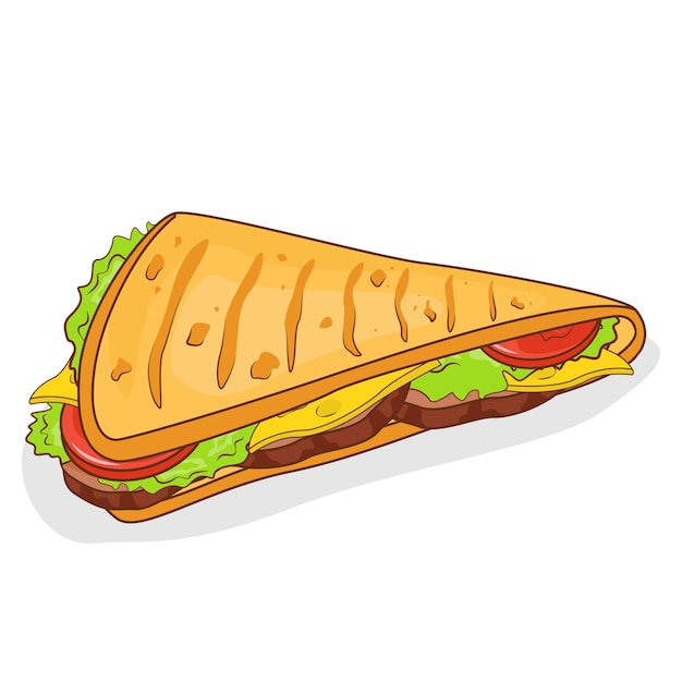 Buritto messicano di streetfood con insalata di pomodori di pollo e salsa vector flat illustration