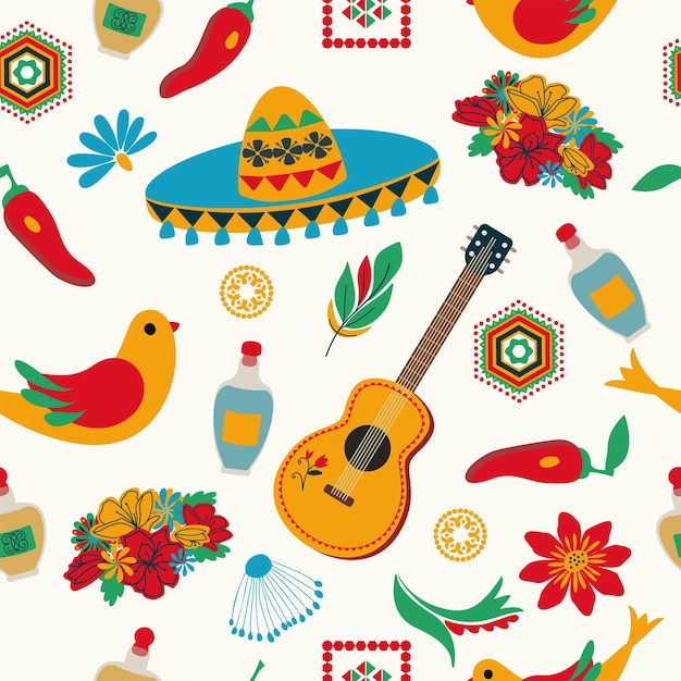 Mexican style seamless pattern sombrero flowers white background Folk art Hand drawing