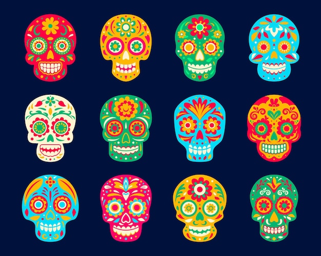 Mexican sugar calavera skulls for Dia de Los Muertos Mexican holiday vector decorations Day of Dead fiesta celebration symbols of calavera skull with Mexico ethnic floral ornament or huichol pattern