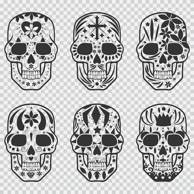 メキシコの砂糖頭蓋骨黒いシルエットセット。死者の日の休日、ハロウィーン、パーティー、透明な背景に分離されたタトゥーのデザイン要素。