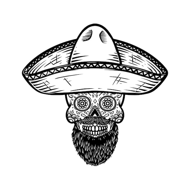 Мексиканский сахарный череп в сомбреро. День мертвой темы. Элемент дизайна для плаката, футболки, эмблемы, знака.