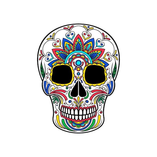 Mexican sugar skull with colorful floral ornament Day of the death vector Illustration on a white background