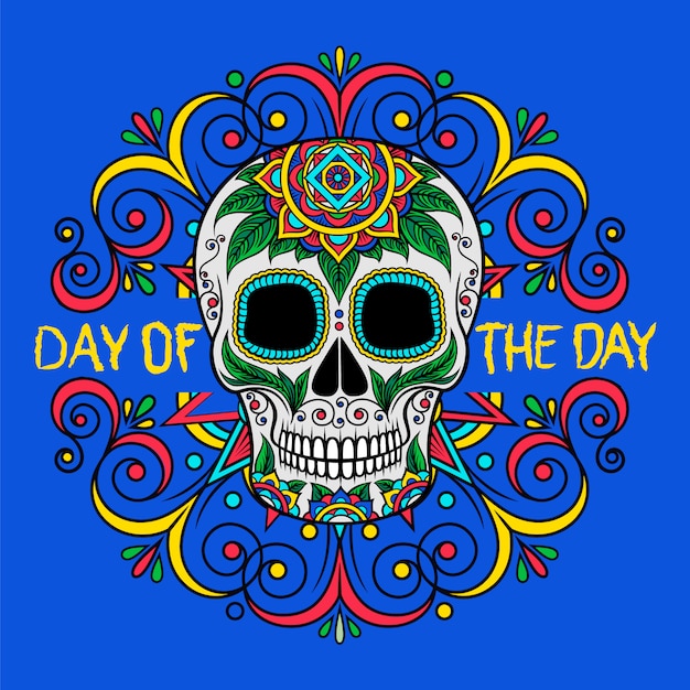 Mexican sugar skull with floral pattern, Day of the Day   Illustration