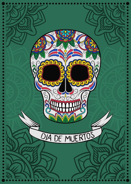 Teschio di zucchero messicano con motivo floreale dia de muertos elemento di design per poster biglietto di auguri vettoriale illustrazione su sfondo verde