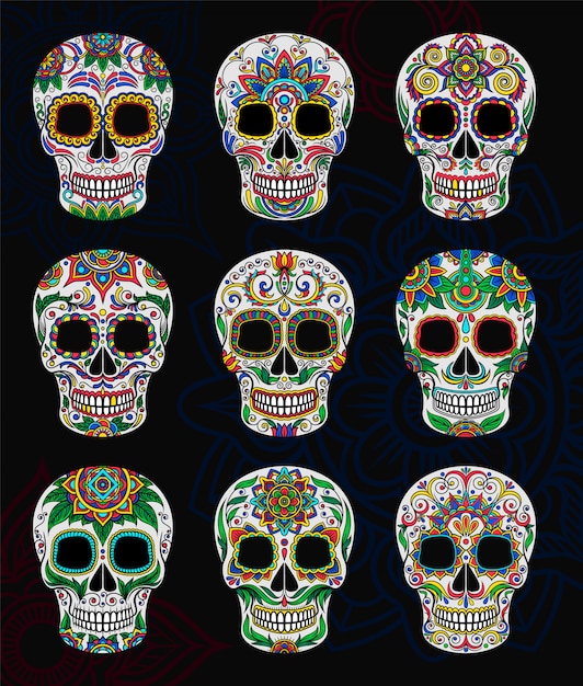 Vector mexican sugar skulls with floral pattern set, day of the dead   illustration