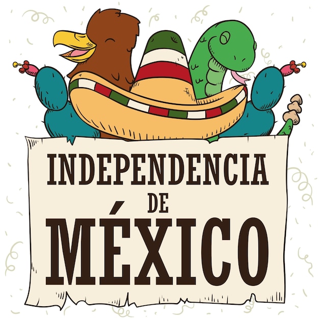 멕시코의 독립기념일을 기념하는 멕시코의 상징: 왕실 독수리, 차로 모자,, 투스