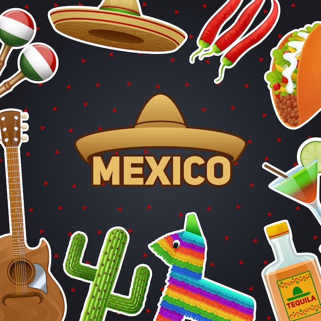 Mexican symbols and sombrero chili taco tequila background