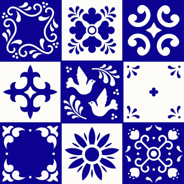 Vector mexican talavera pattern. ceramic tiles in traditional style from puebla. mexico floral mosaic in blue and white. folk art .