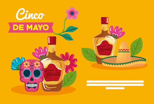 mexican tequila bottles skull and hat of cinco de mayo  