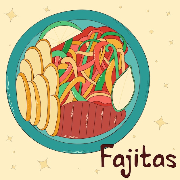Mexican traditional food Fajitas Vector illustration in hand drawn style
