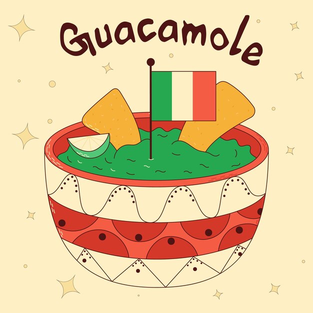 Mexican traditional food Guacamole Vector illustration in hand drawn style