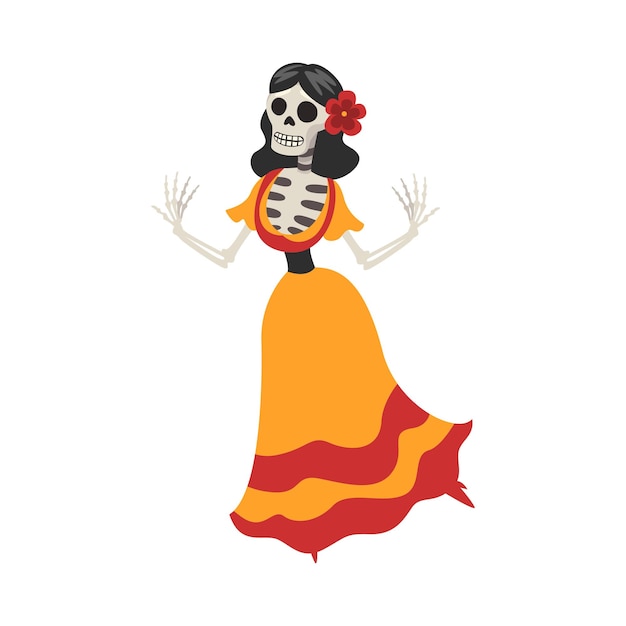 墨西哥女人骨架穿著禮服跳舞死者日Dia de los Muertos概念向量插圖