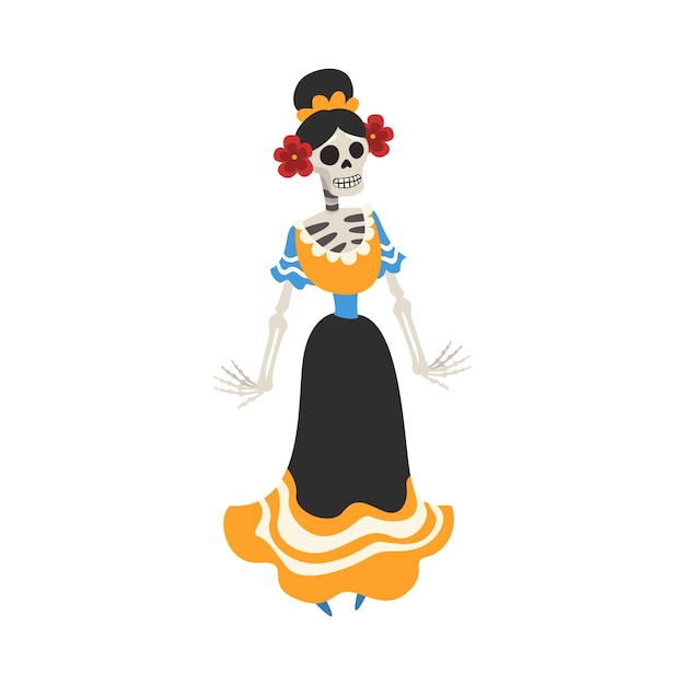 Vettore scheletro di donna messicana in abito giorno dei morti dia de los muertos illustrazione vettoriale concettuale