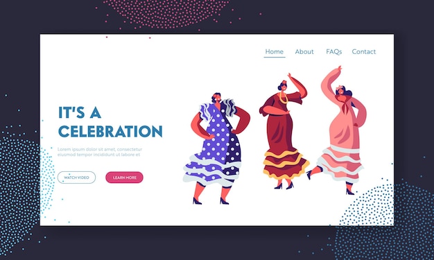 Mexican women in traditional colorful dresses dancing at cinco de mayo festival or spain fairy. website landing page template