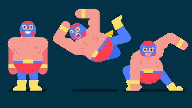 Mexican wrestler set with mask battle acrobat fighter lucha libre, vector illustration cartoon