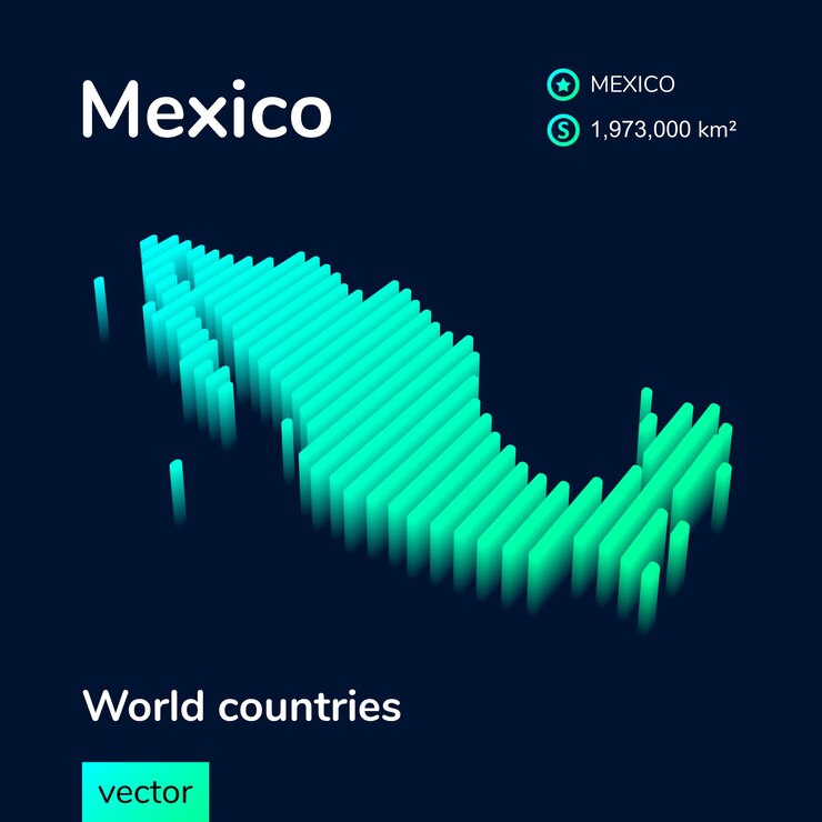 Mexico 3D-kaart. Gestileerde gestreepte isometrische neon vector kaart in groene kleuren op blauwe achtergrond