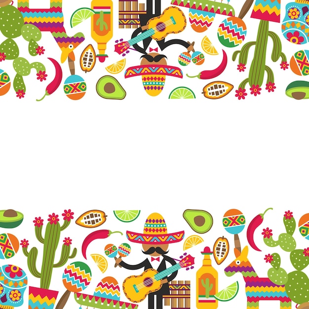 Вектор Мексиканский фон аутентичные декоративные символы мексиканский сомбреро гитара кактус и техила с векторным шаблоном лайма