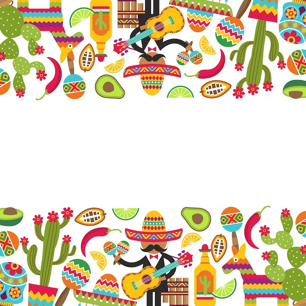 Vector mexico background authentic decoration symbols mexican sombrero guitar cactus and techila with lime vector template