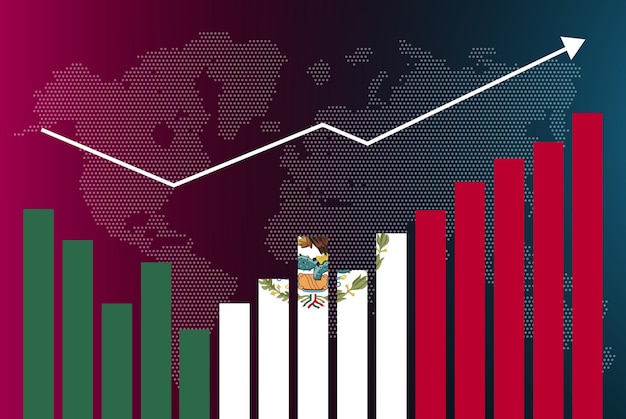 Vettore grafico a barre del messico con alti e bassi, valori in aumento, bandiera del paese del messico sul grafico a barre