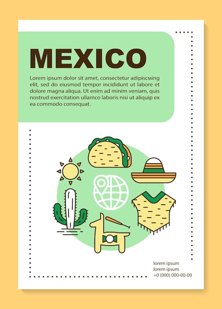 Mexico brochure template layout. Mexican culture and nature. Flyer, booklet, leaflet print design with linear illustrations. Vector page layouts for magazines, annual reports, advertising posters