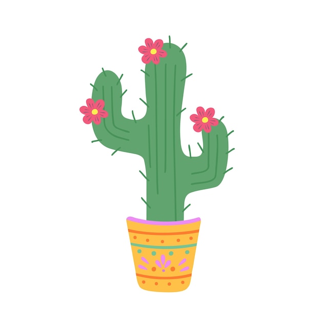 Mexico cactus in pot with flowers Hand drawn illustration