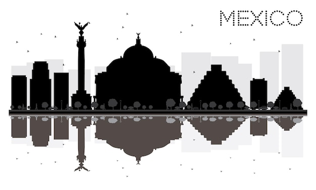 Mexico city skyline black and white silhouette with reflections. cityscape with landmarks. vector illustration.